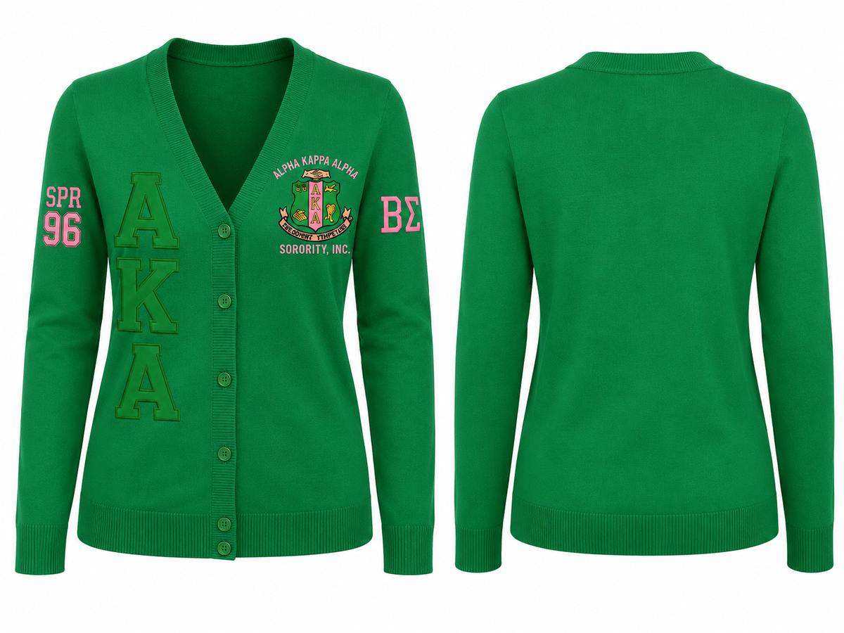 Alpha Kappa Alpha green cardigan front and back with pink crest, stacked AKA letters and sleeve embroidery