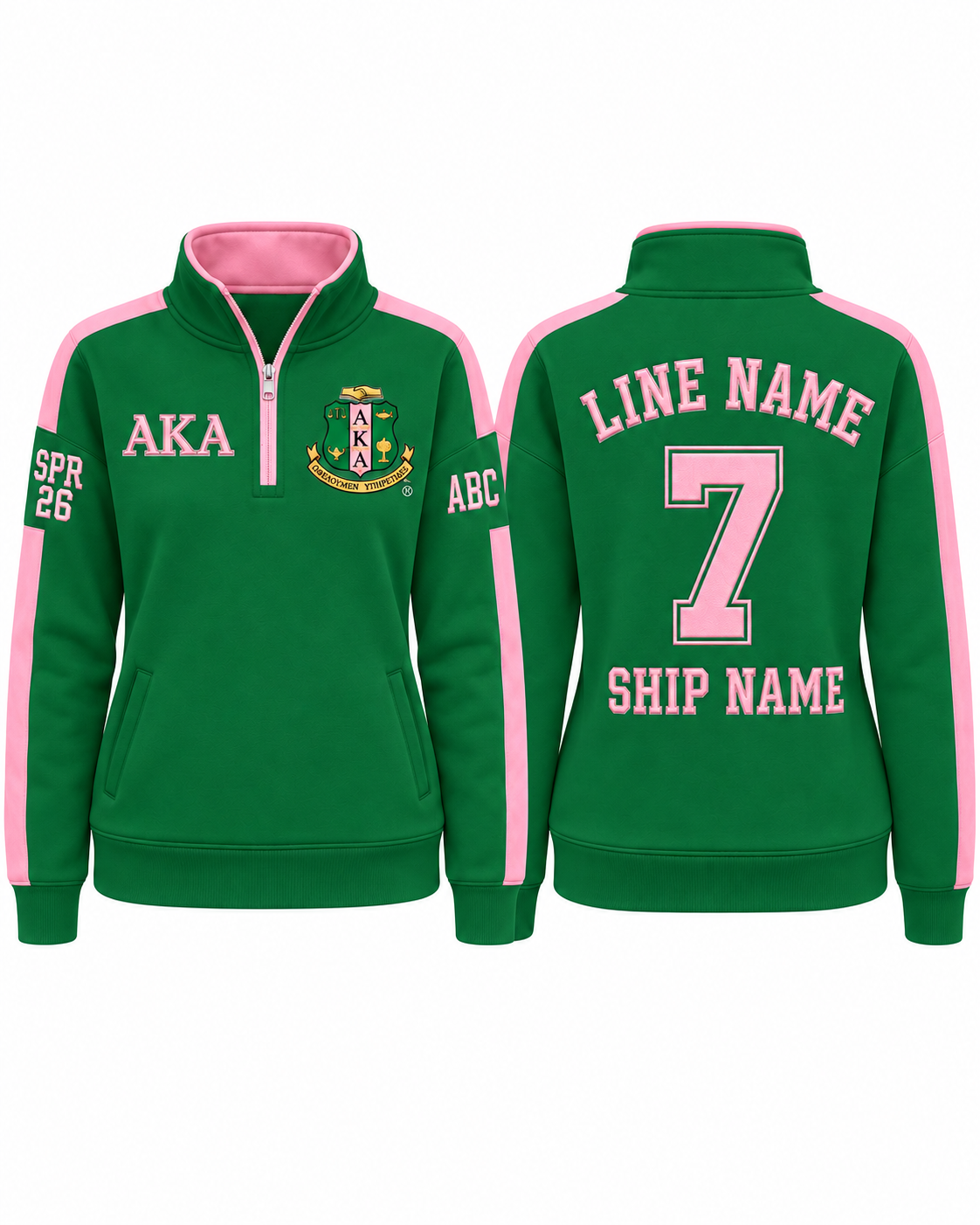 Front and back views of an Alpha Kappa Alpha green and pink custom quarter-zip
