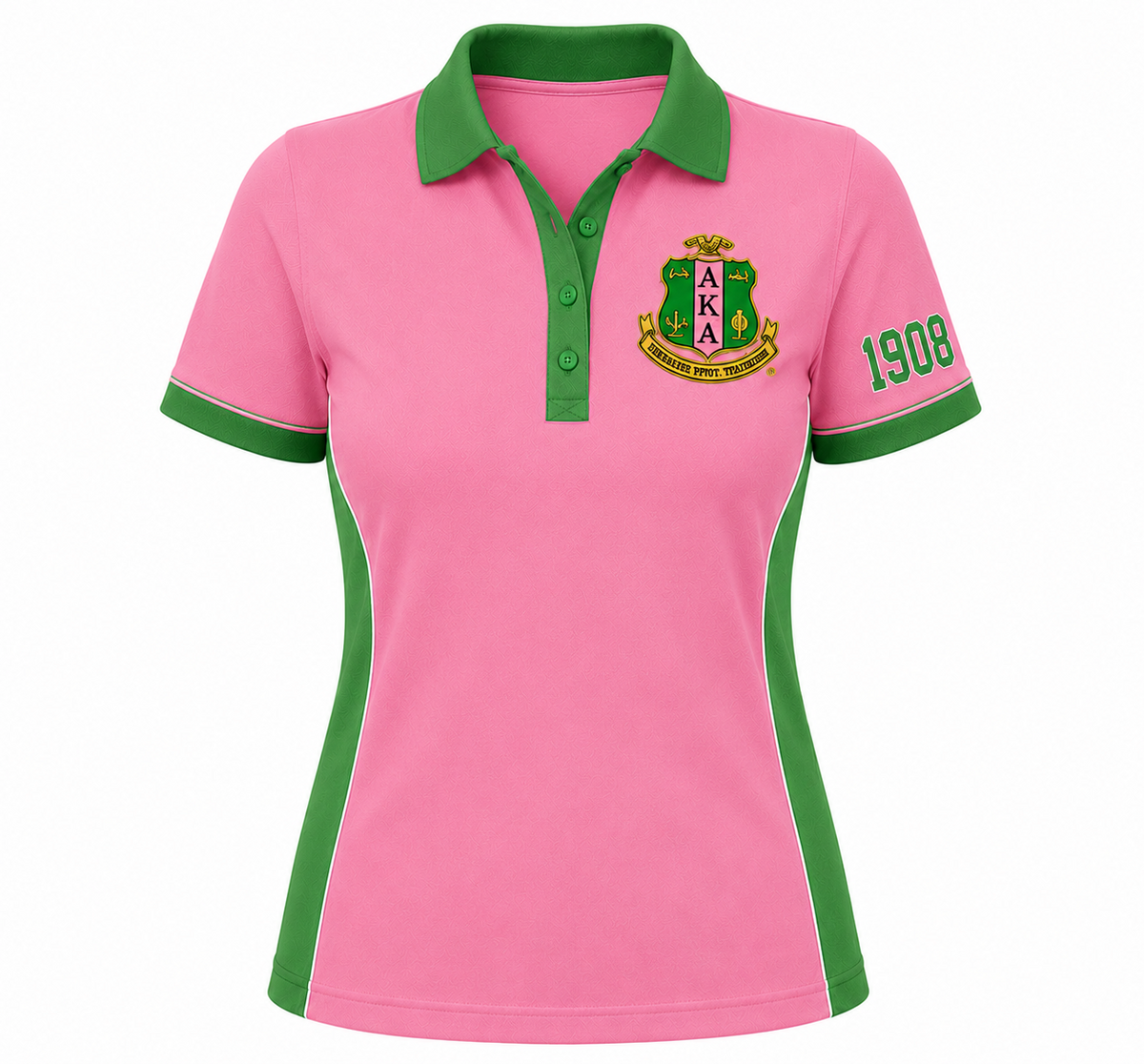 Alpha Kappa Alpha salmon pink panel polo with apple green collar, side panels, crest, and 1908 sleeve embroidery