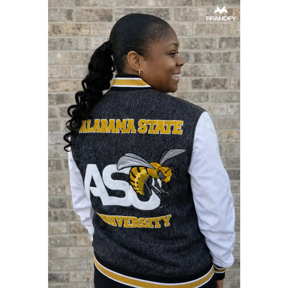 Custom Alabama State University Denim Bomber Jacket back view with custom school name and details