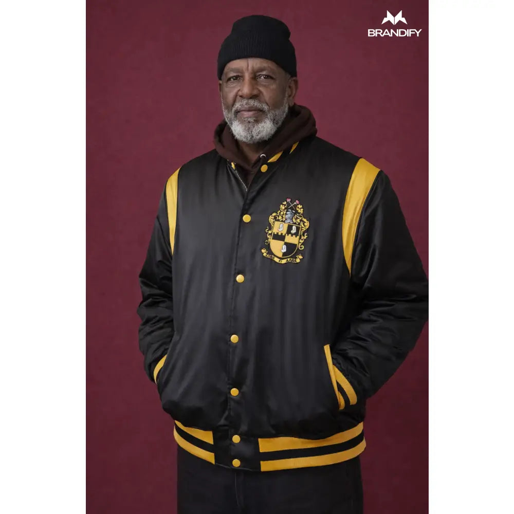 Custom Alpha Phi Alpha Bomber Jacket back view with personalized Greek details