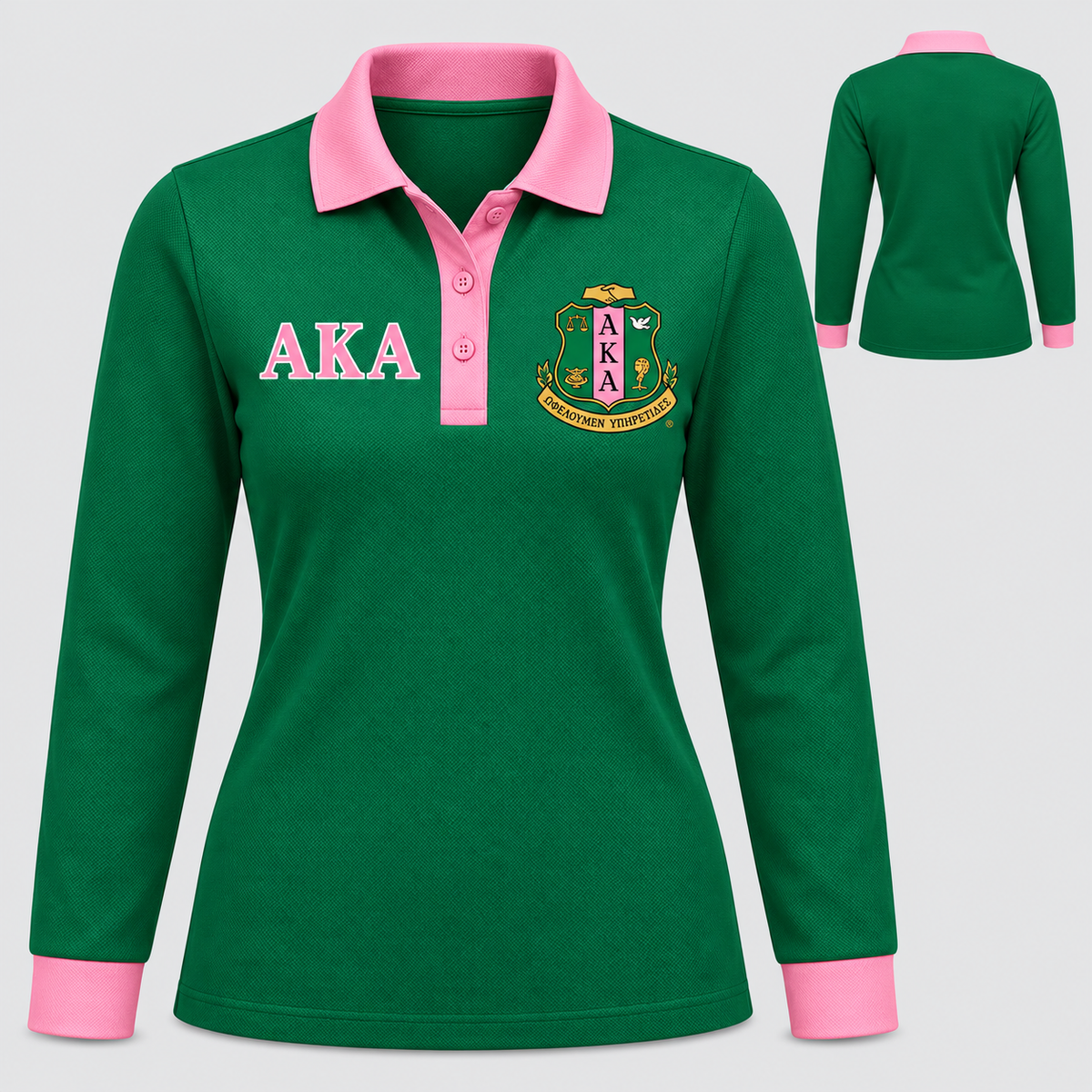 Alpha Kappa Alpha green long-sleeve polo with pink collar, placket, and cuffs, front and back views