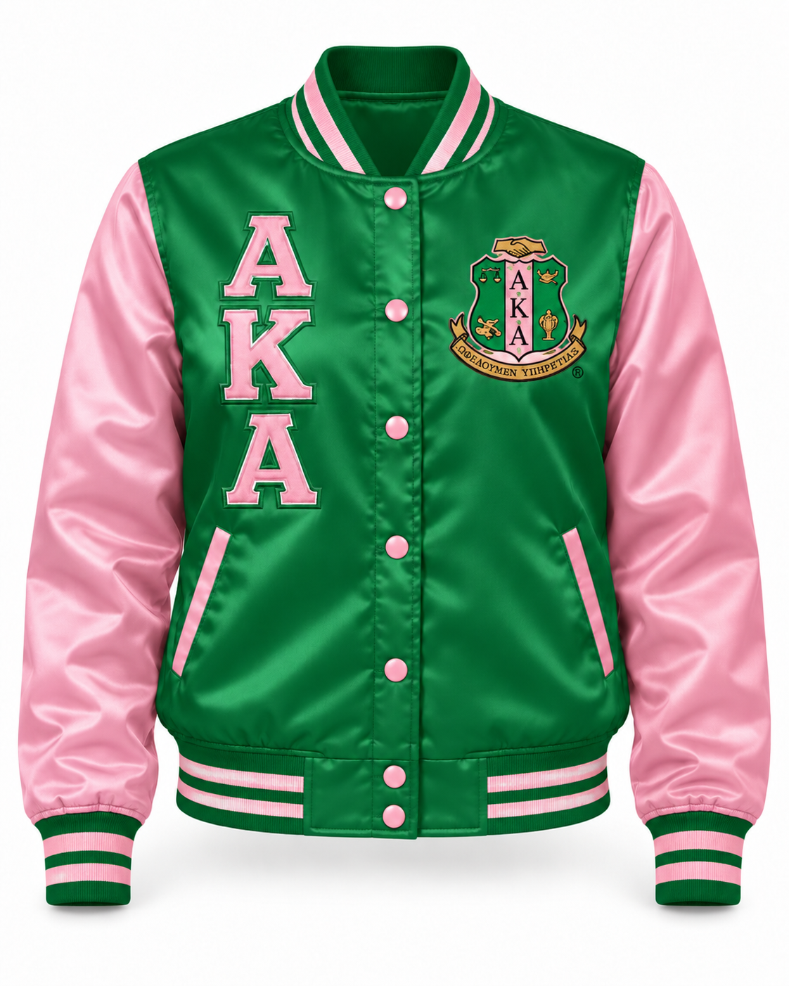 Alpha Kappa Alpha green satin bomber jacket with pink sleeves, stacked AKA letters, crest, and striped trim