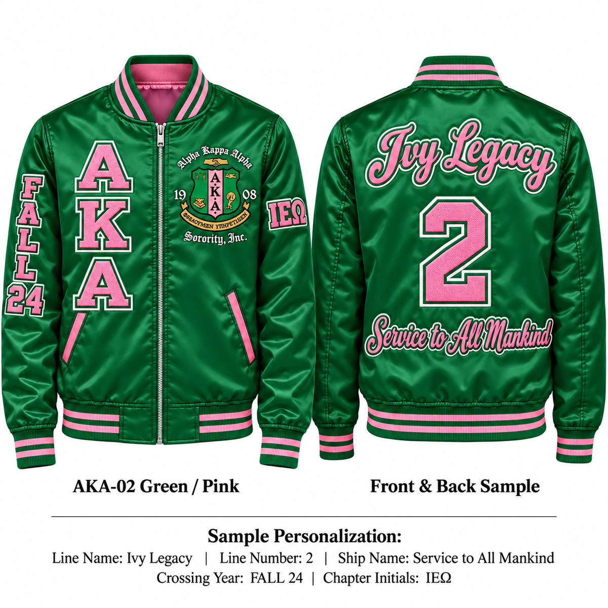 Green and pink Alpha Kappa Alpha satin bomber jacket shown front and back with sample line personalization