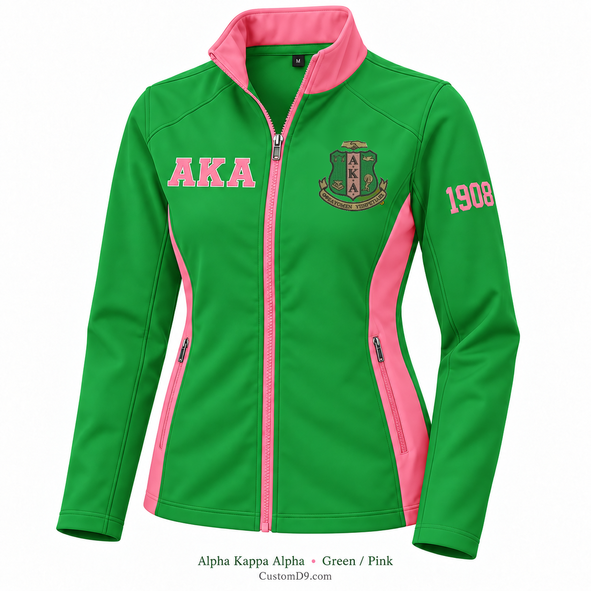 Alpha Kappa Alpha green and pink softshell jacket with crest, Greek letters, and 1908 sleeve embroidery
