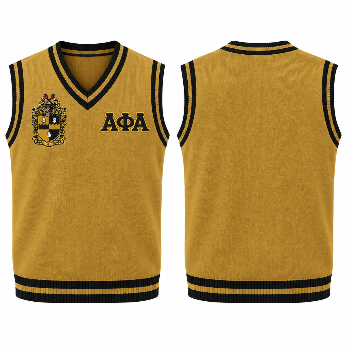 Alpha Phi Alpha old gold and black varsity sweater vest with crest and Greek letters, front and back views
