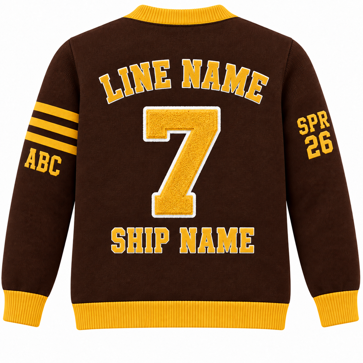 Iota Phi Theta brown and gold embroidered cardigan back with sample line name, number and ship name