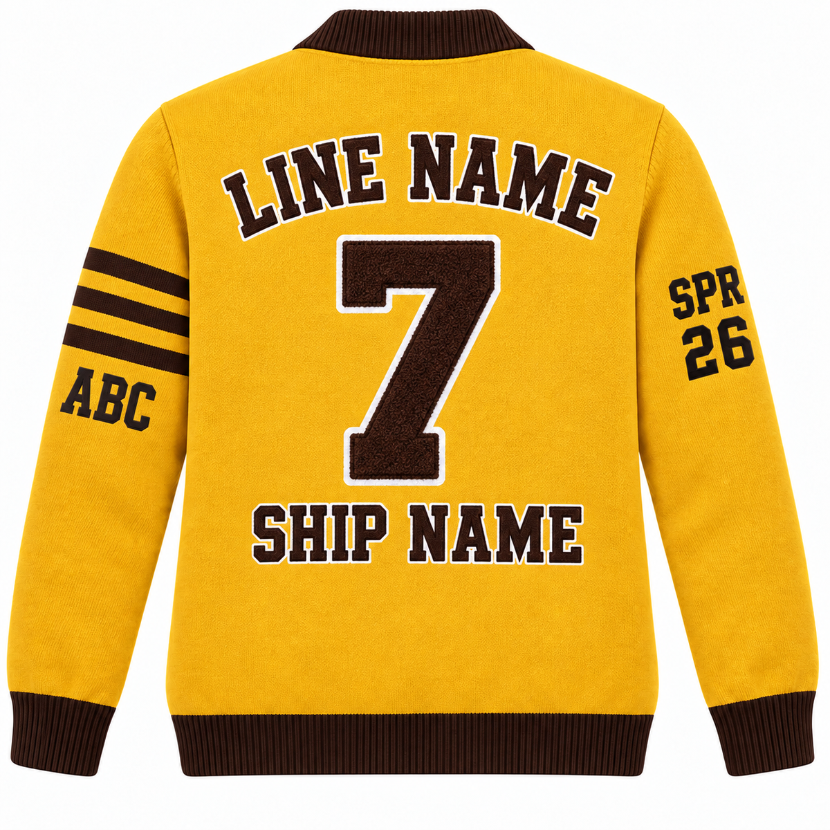 Iota Phi Theta gold and brown embroidered cardigan back with sample line name, number and ship name