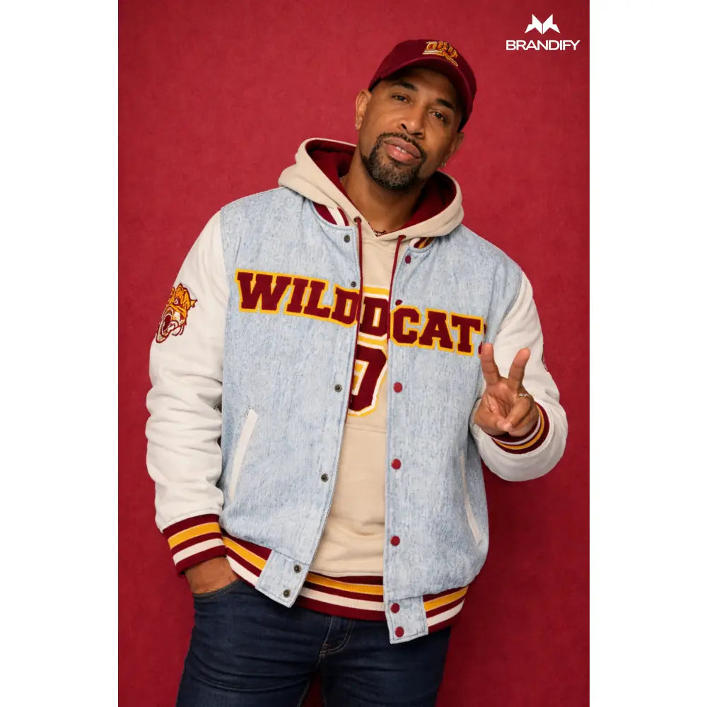 Custom Bethune-Cookman University Denim Bomber Jacket back view with custom school name and details
