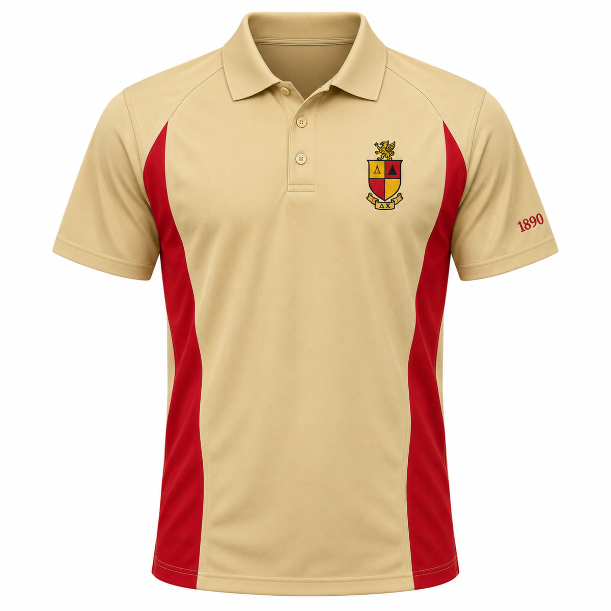 Delta Chi buff and red panel polo with crest and 1890 sleeve embroidery