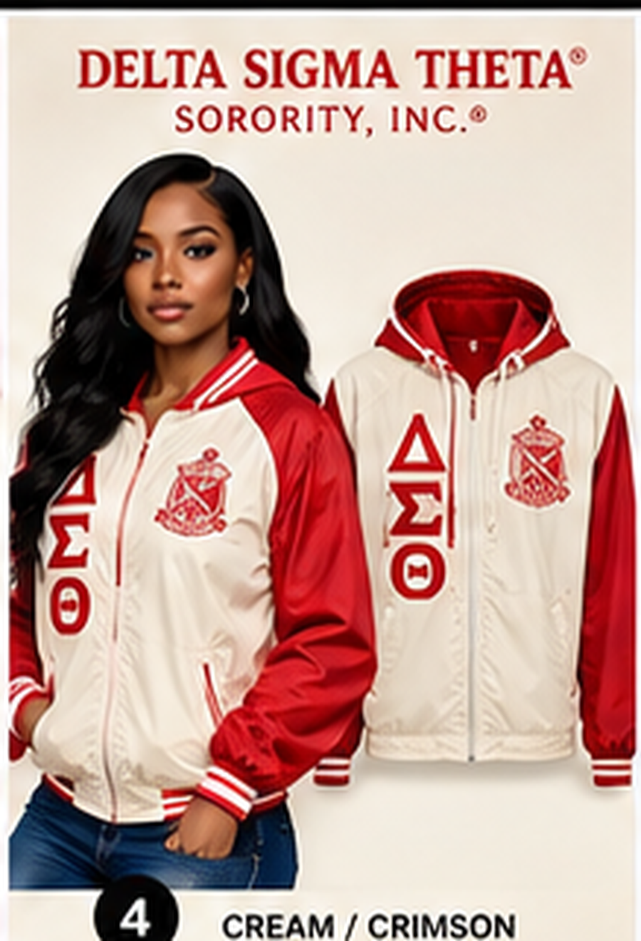 Delta Sigma Theta cream and crimson embroidered windbreaker with Greek letters and crest
