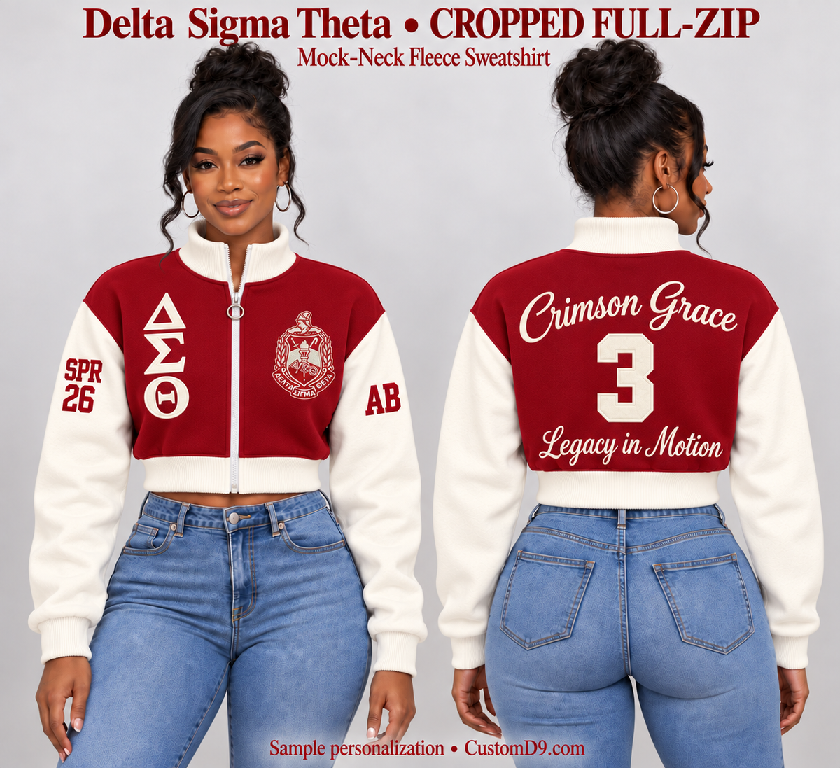 Delta Sigma Theta crimson and cream cropped mock-neck full-zip sweatshirt, front and back model views with sample custom embroidery