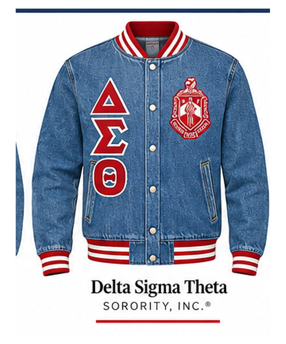 Medium-blue Delta Sigma Theta full-denim varsity jacket with denim sleeves, crimson and cream trim, crest, and stacked DST letters