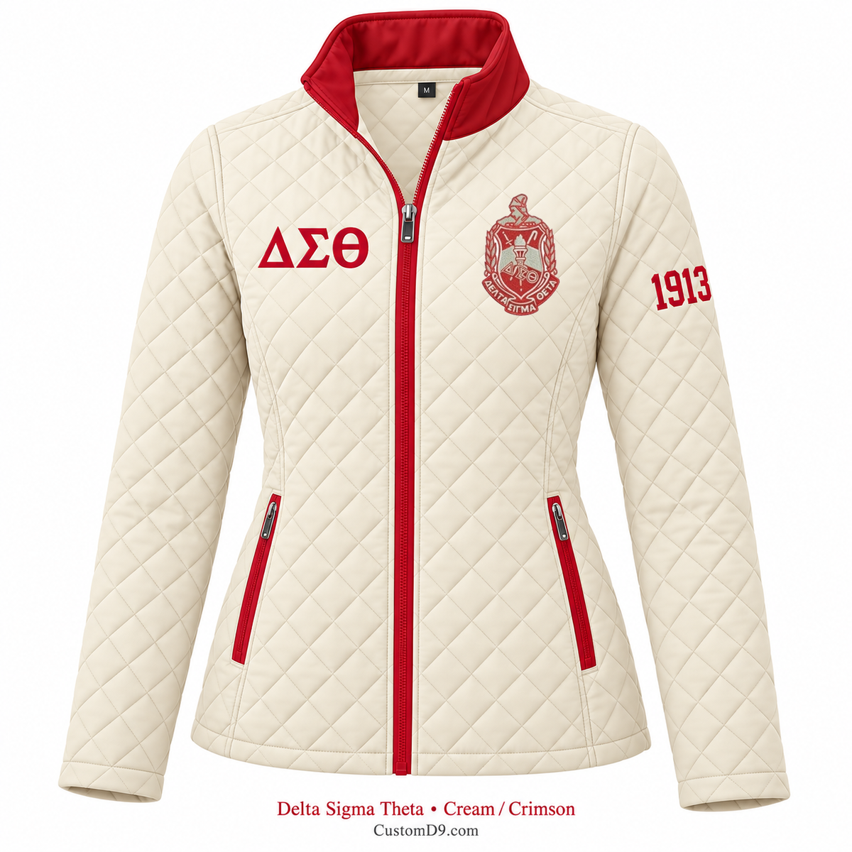Delta Sigma Theta cream and crimson quilted jacket with crest, Greek letters, and 1913 sleeve embroidery