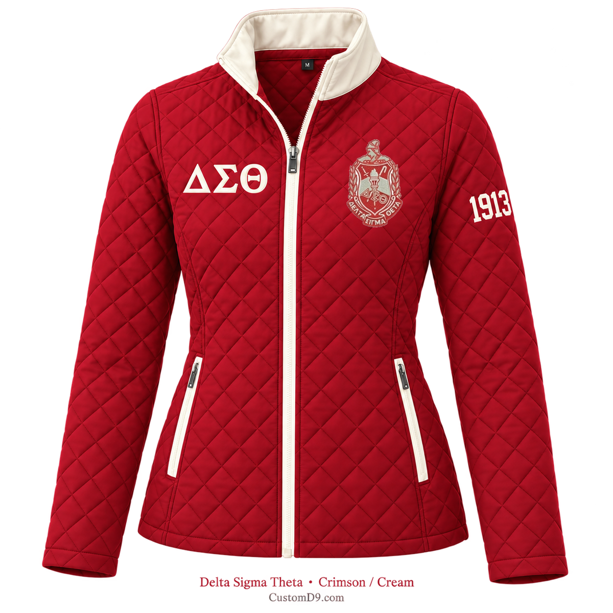 Delta Sigma Theta crimson and cream quilted jacket with crest, Greek letters, and 1913 sleeve embroidery