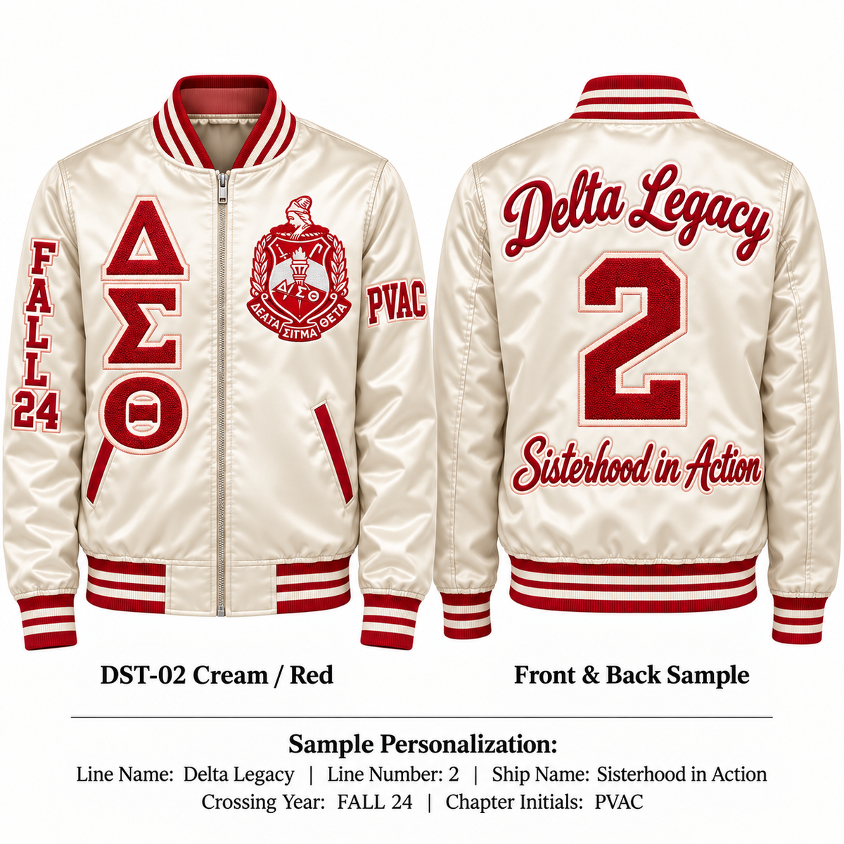 Cream and red Delta Sigma Theta satin bomber jacket shown front and back with sample line personalization