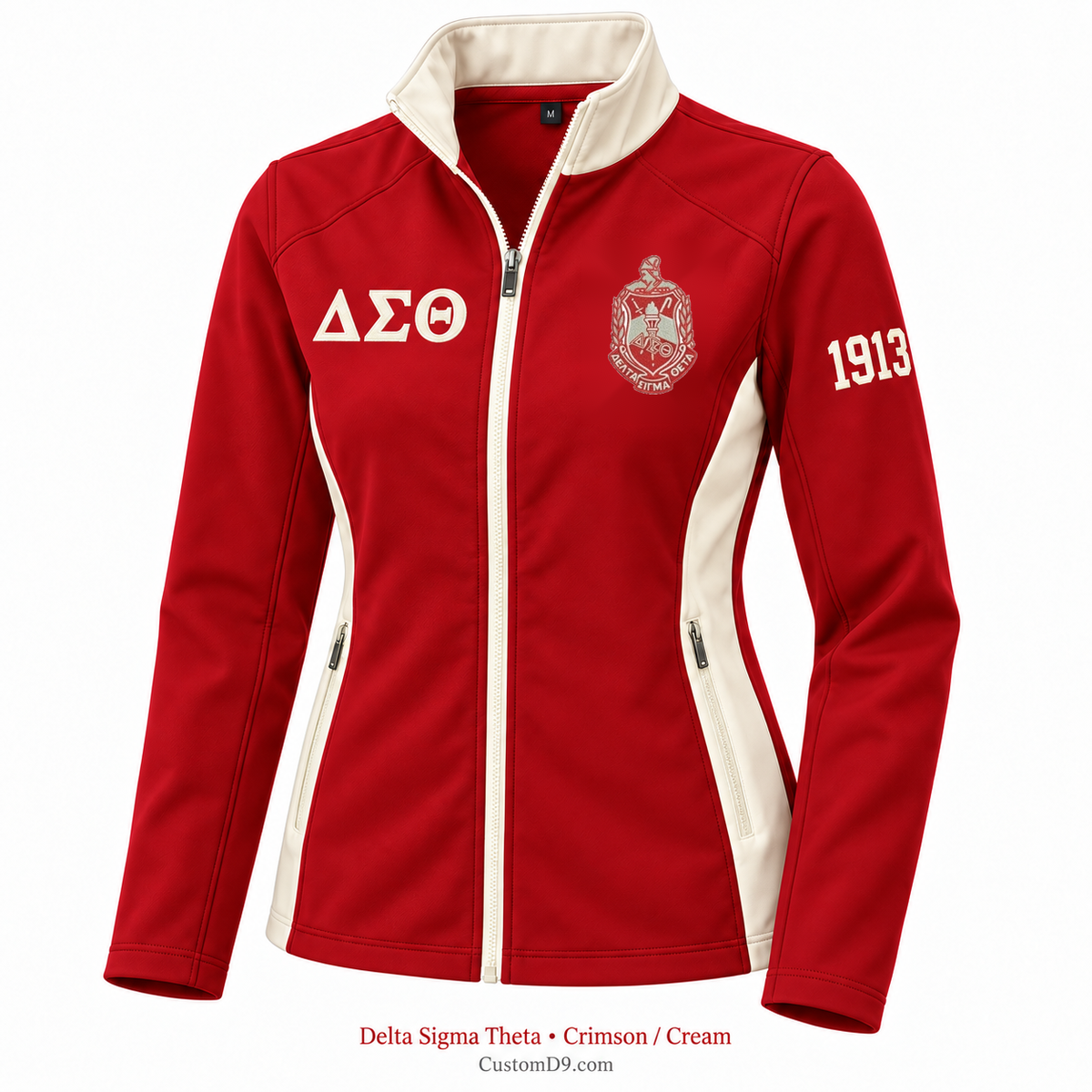 Delta Sigma Theta crimson and cream softshell jacket with crest, Greek letters, and 1913 sleeve embroidery
