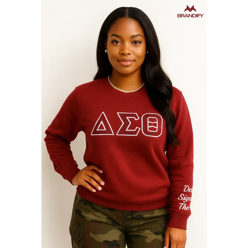 Custom Delta Sigma Theta Chenille Sweatshirt front view with personalized crimson and cream design