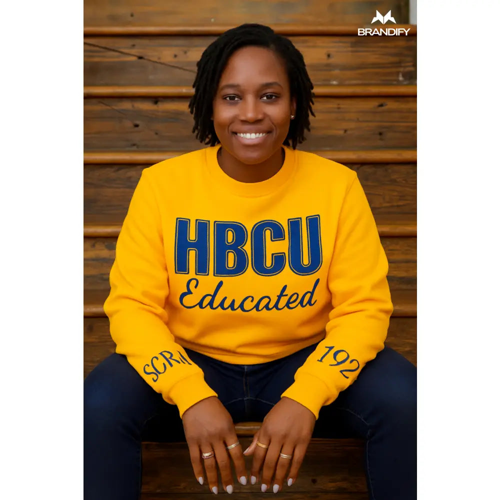 Custom Sigma Gamma Rho Chenille Sweatshirt Style 4 front view with personalized royal blue and gold design