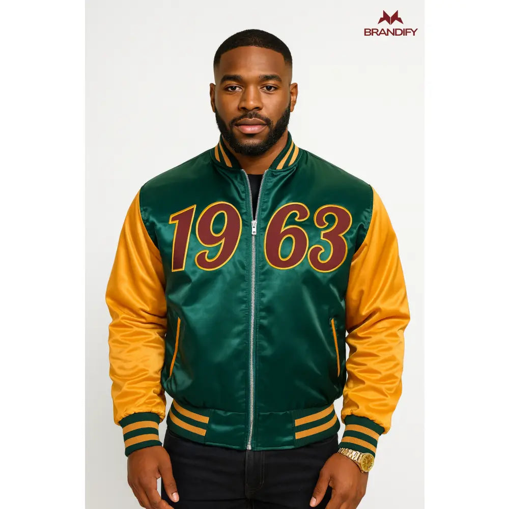 Custom Iota Phi Theta Bomber Jacket front view with organization-inspired bomber design