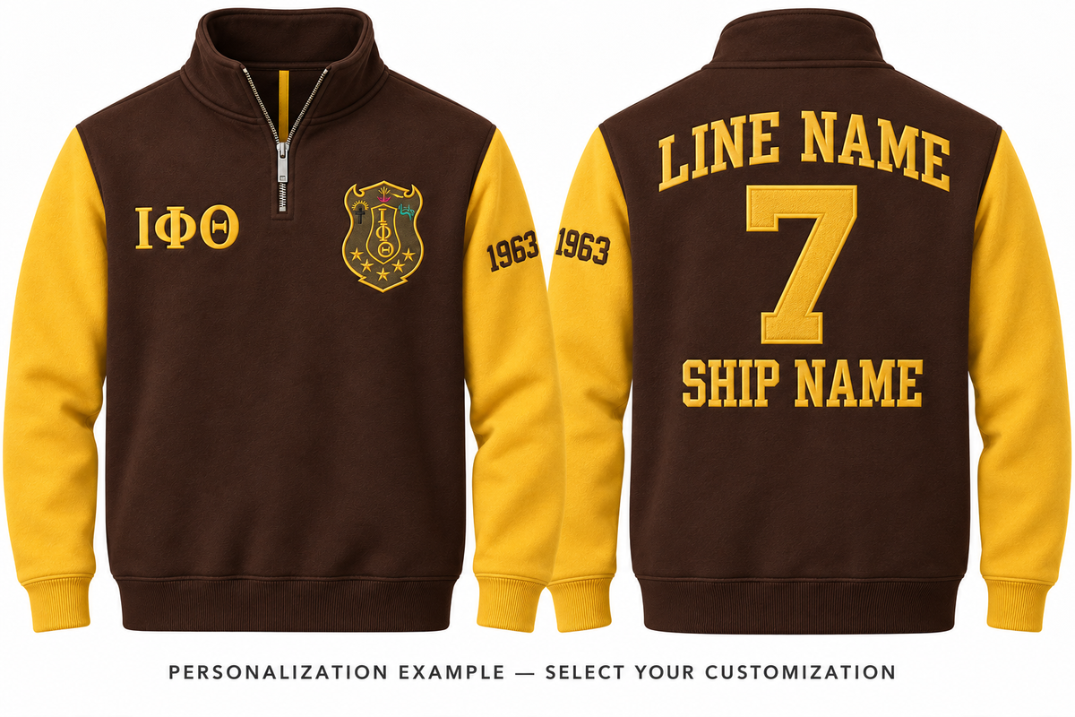 Iota Phi Theta brown and gold quarter-zip front and back personalization example