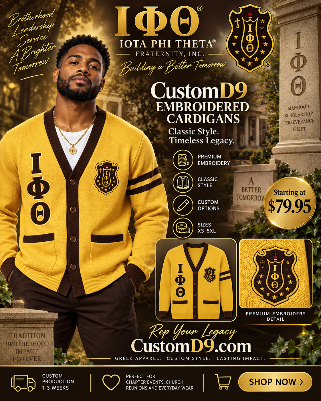 Iota Phi Theta gold and brown embroidered cardigan poster Pirani9