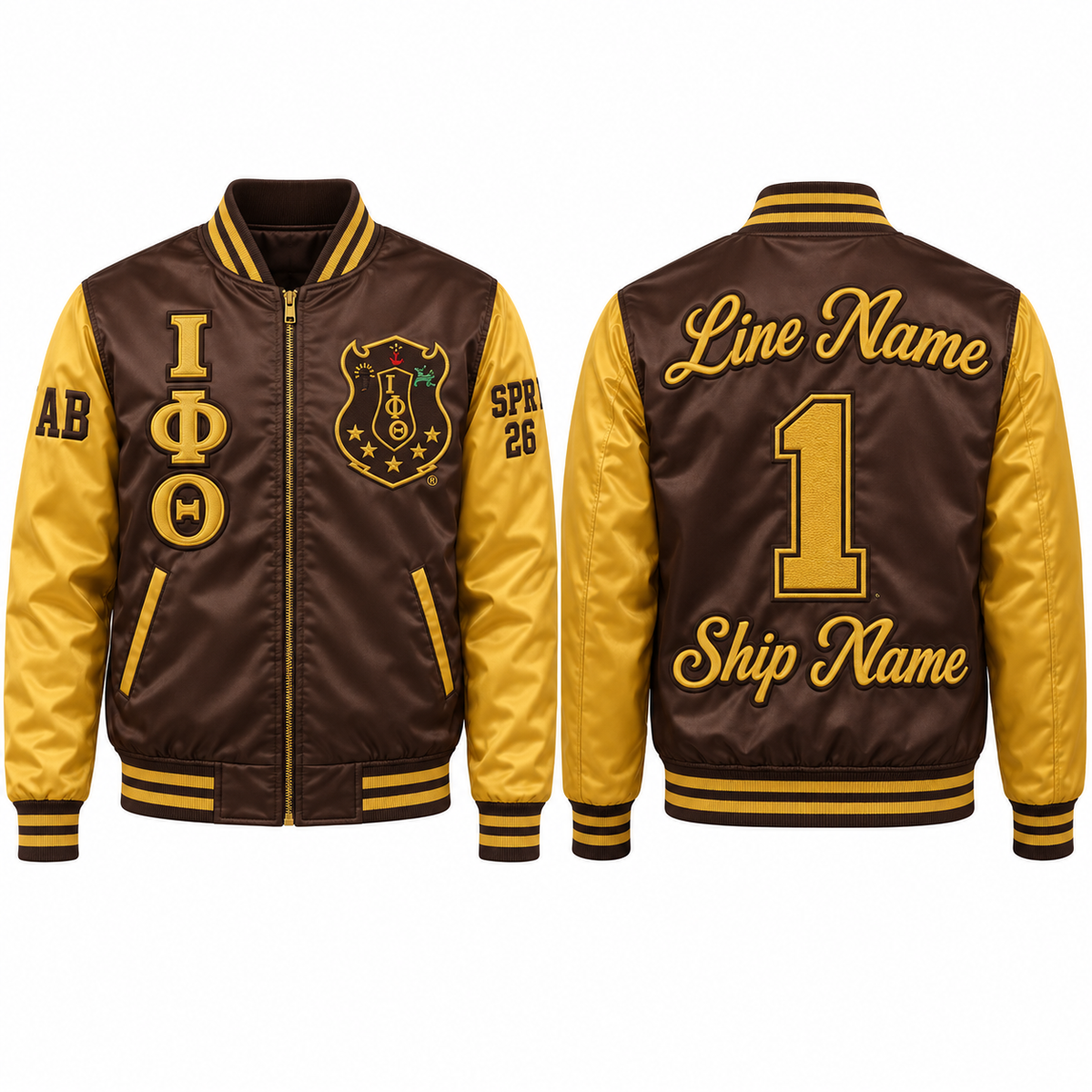 Iota Phi Theta brown and gold satin bomber jacket shown front and back with sample line personalization