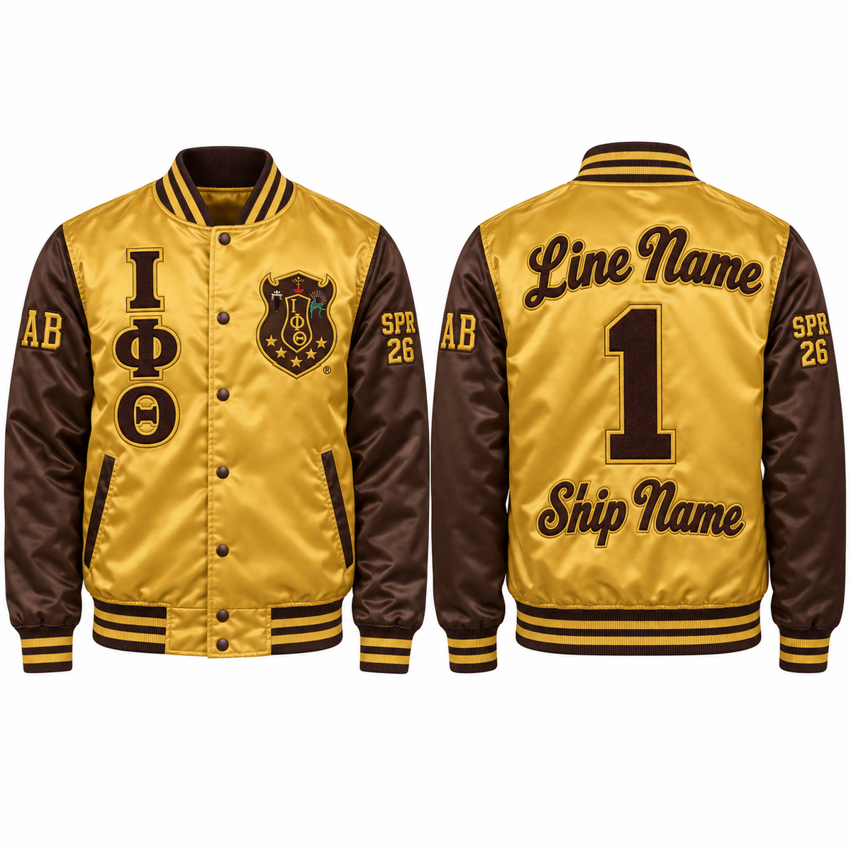 Iota Phi Theta gold and brown satin bomber jacket shown front and back with sample line personalization