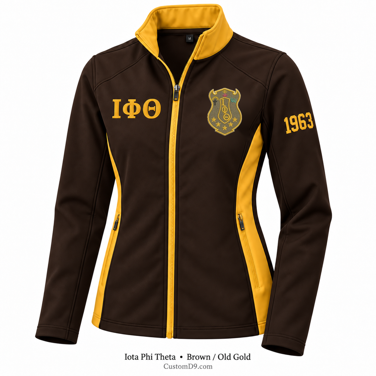Iota Phi Theta brown and old gold softshell jacket with crest, Greek letters, and 1963 sleeve embroidery