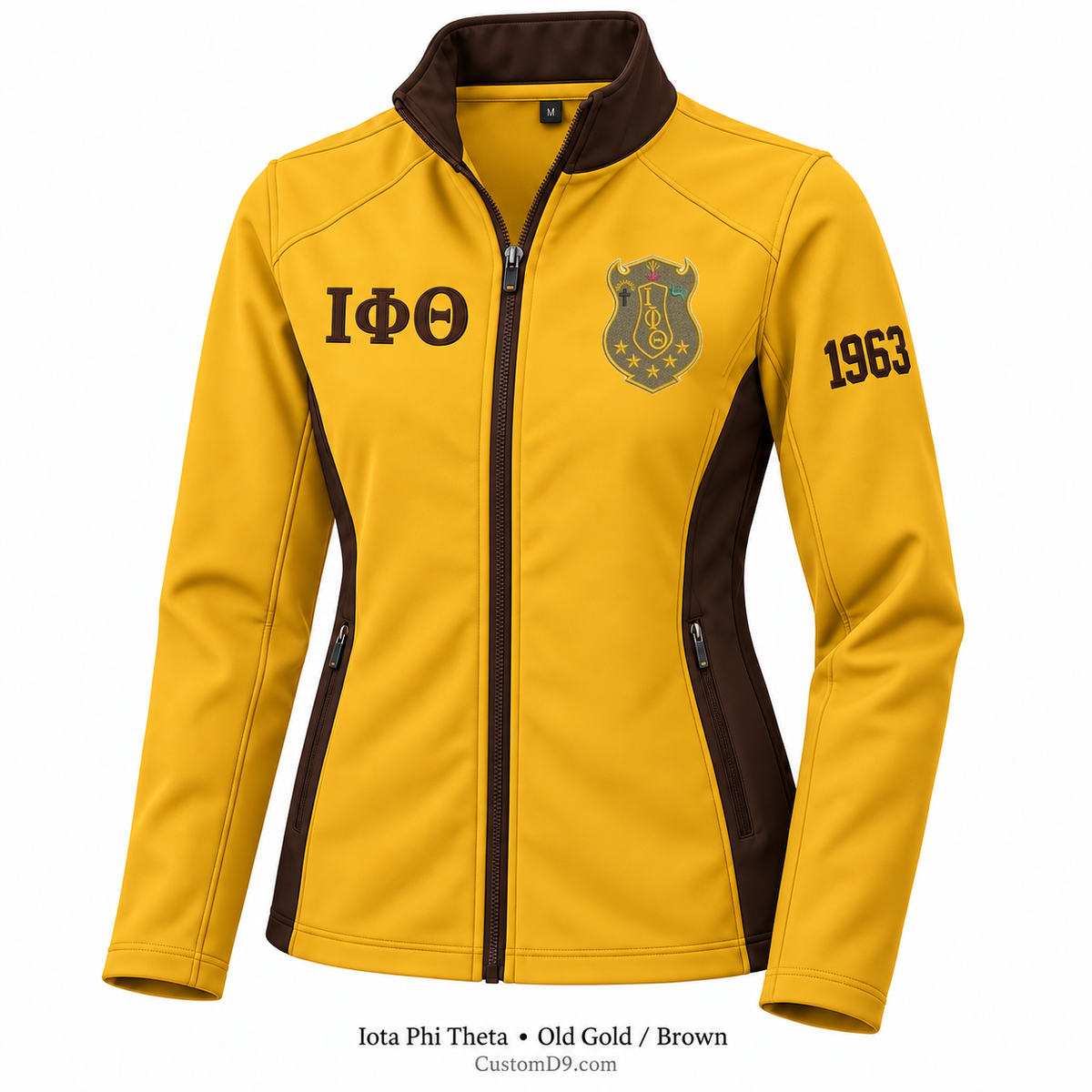 Iota Phi Theta old gold and brown softshell jacket with crest, Greek letters, and 1963 sleeve embroidery