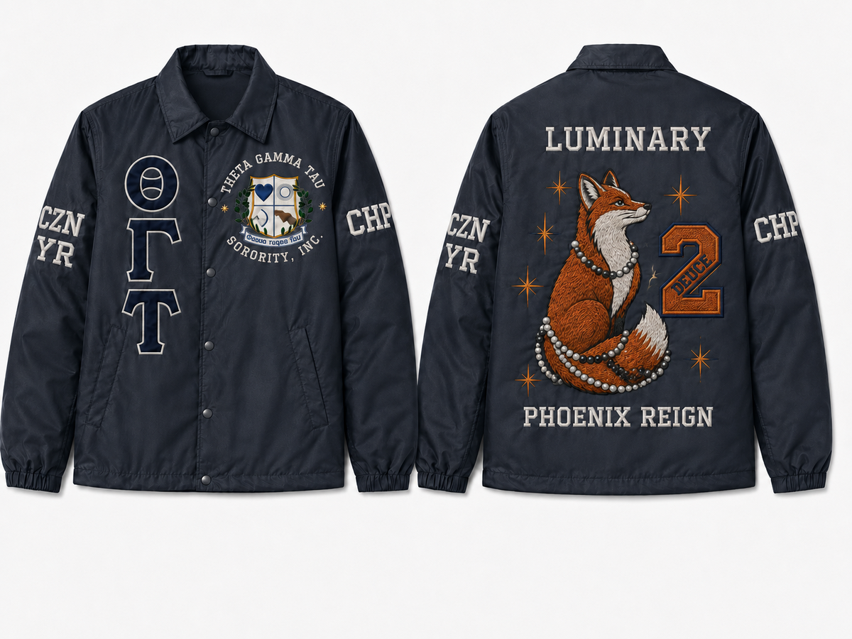 Front and back of Jenell Blackmon’s black Theta Gamma Tau line jacket with ΘΓΤ letters, crest, sleeve text, LUMINARY, fox, line number 2, and PHOENIX REIGN