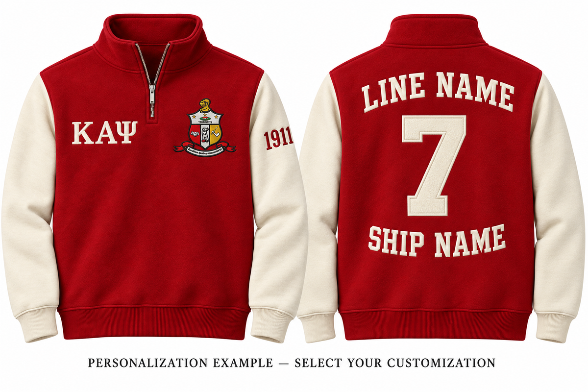 Kappa Alpha Psi crimson and cream quarter-zip front and back personalization example