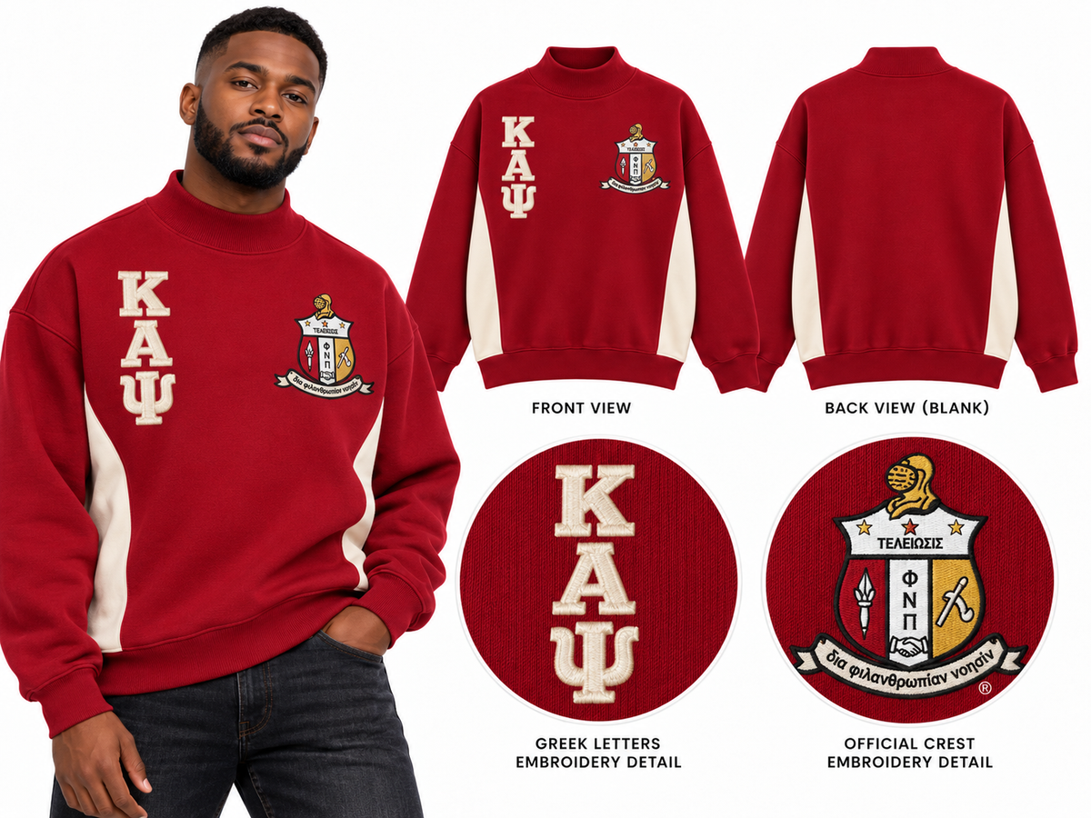 Front and back of crimson and cream Kappa Alpha Psi oversized mock-neck sweatshirt with crest and stacked ΚΑΨ letters