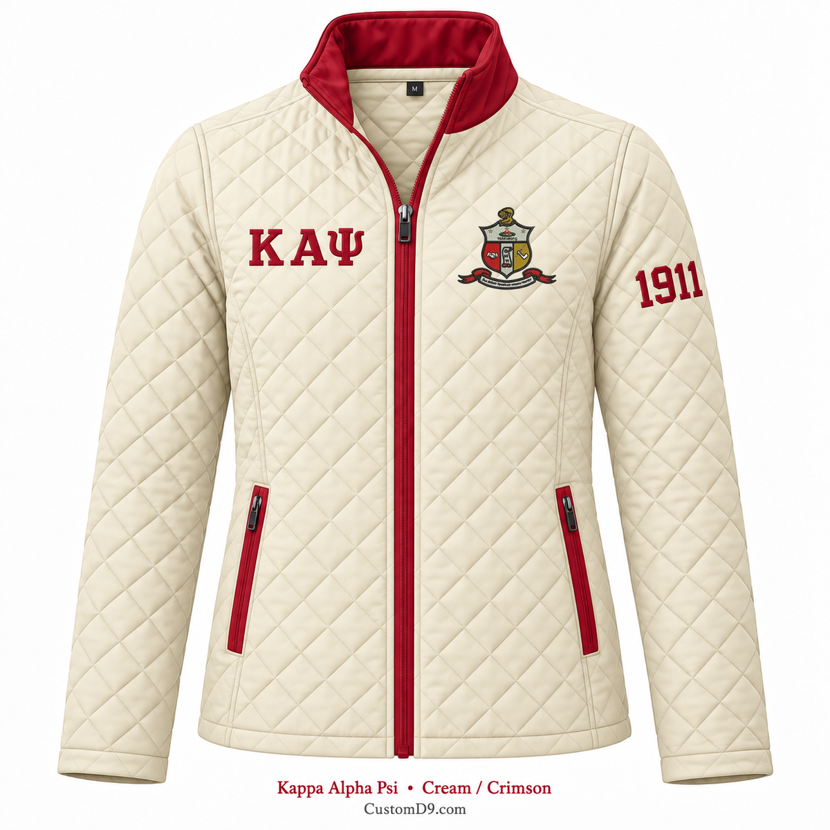 Kappa Alpha Psi cream and crimson quilted jacket with crest, Greek letters, and 1911 sleeve embroidery