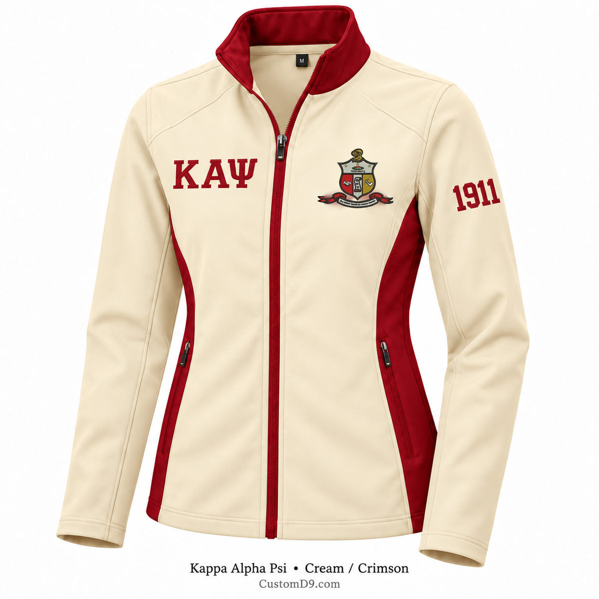 Kappa Alpha Psi cream and crimson softshell jacket with crest, Greek letters, and 1911 sleeve embroidery
