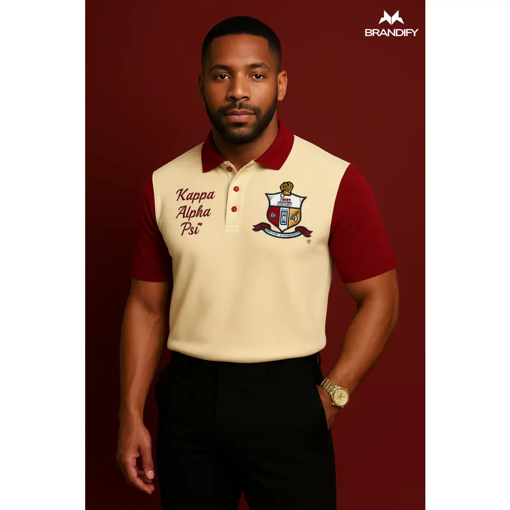 Cream Red custom embroidered Kappa Alpha Psi polo shirt with personalized name, chapter, and line details