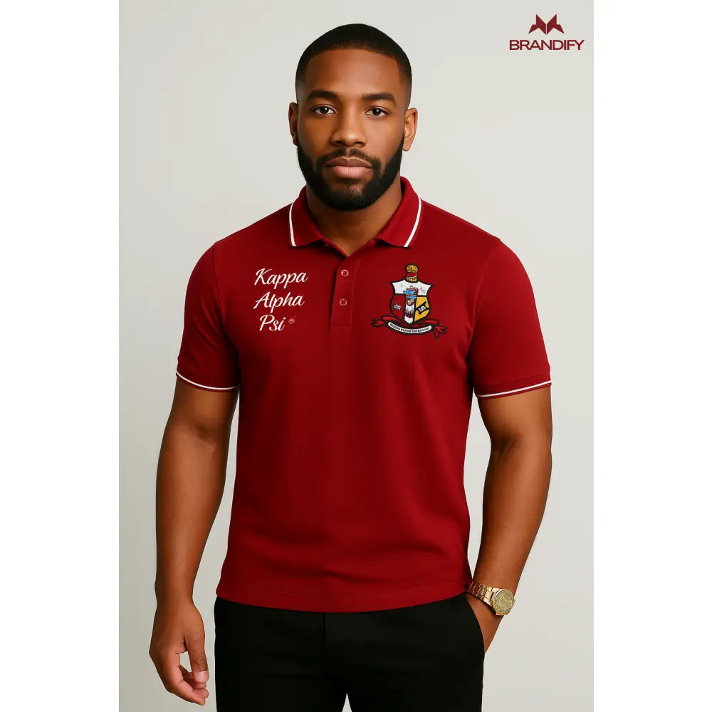 Crimson Red custom embroidered Kappa Alpha Psi polo shirt with personalized name, chapter, and line details