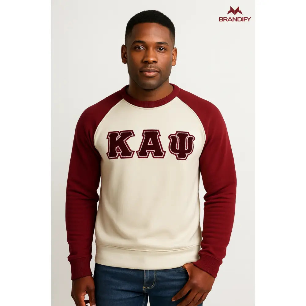 Custom Kappa Alpha Psi Raglan Chenille Sweatshirt Style 2 front view with raised chenille Greek lettering