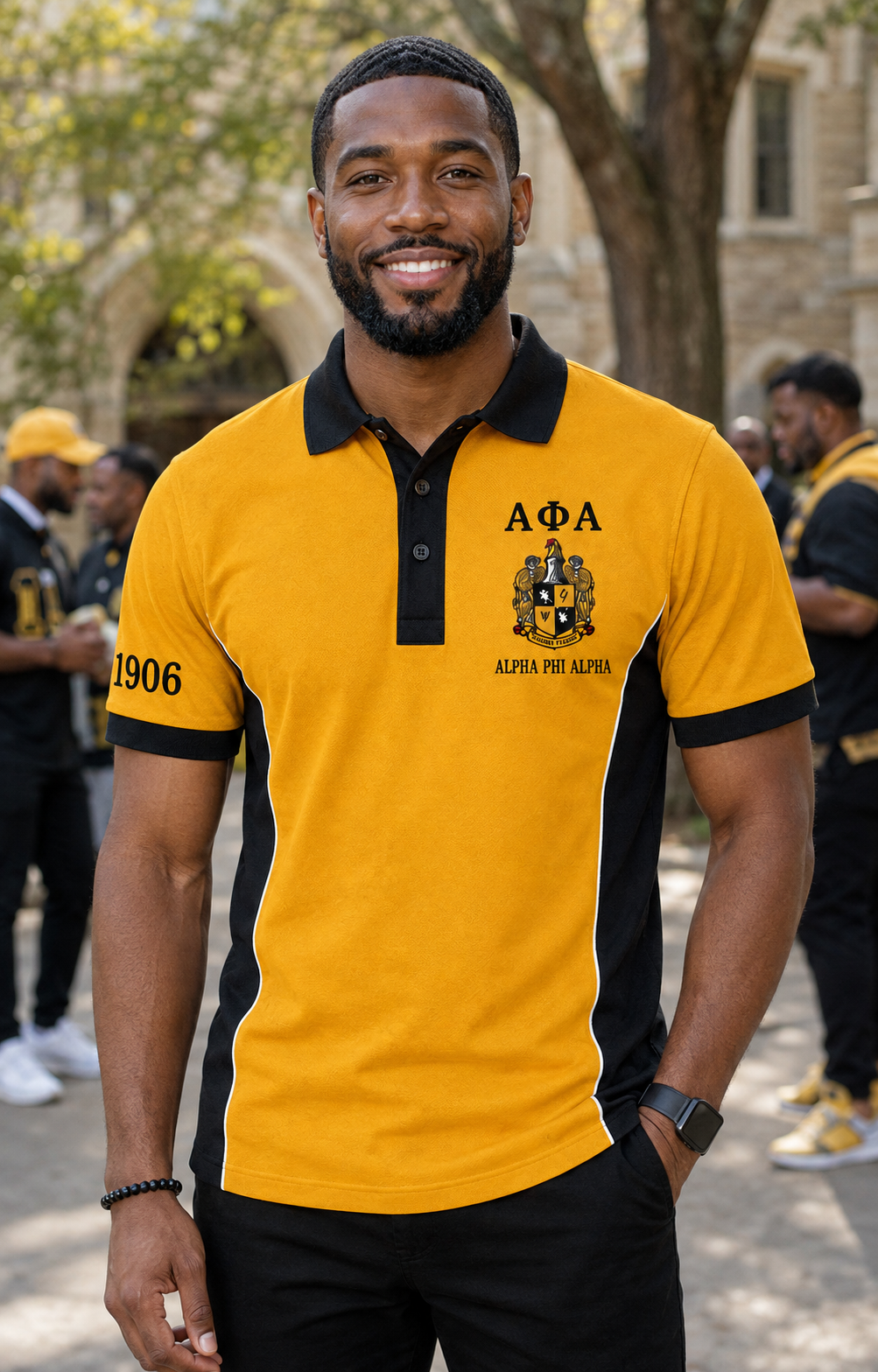 Lifestyle view of an Alpha Phi Alpha old gold and black embroidered panel polo