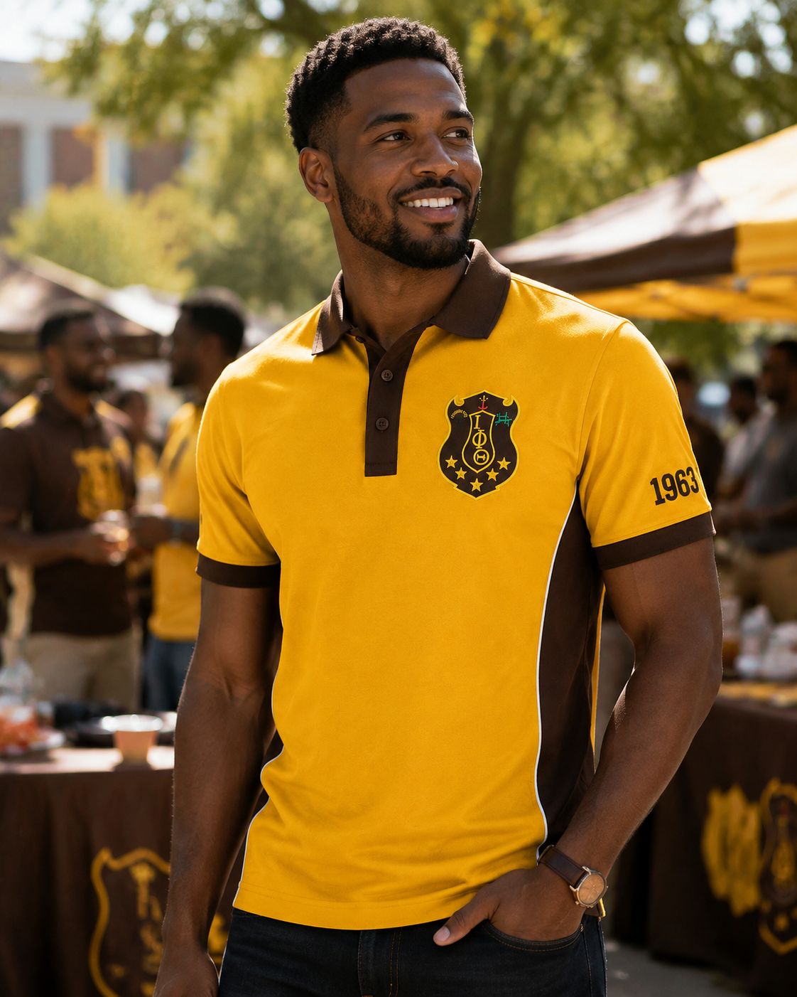 Lifestyle view of an Iota Phi Theta gold and brown embroidered panel polo