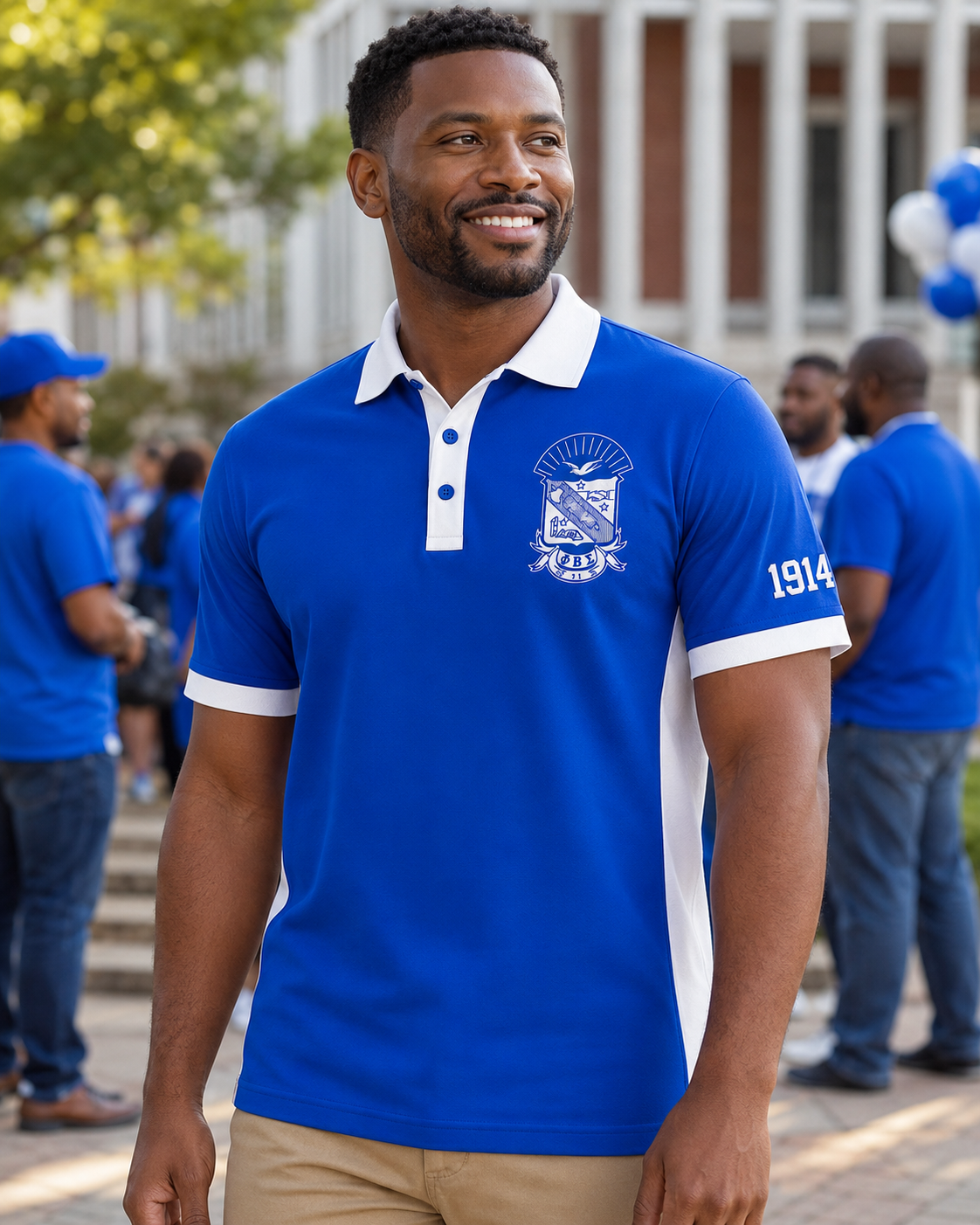Lifestyle view of a Phi Beta Sigma royal blue and pure white embroidered panel polo