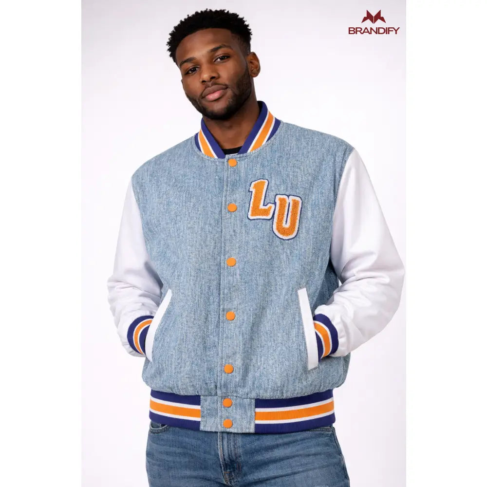 Custom Lincoln University Denim Bomber Jacket front view with personalized college design