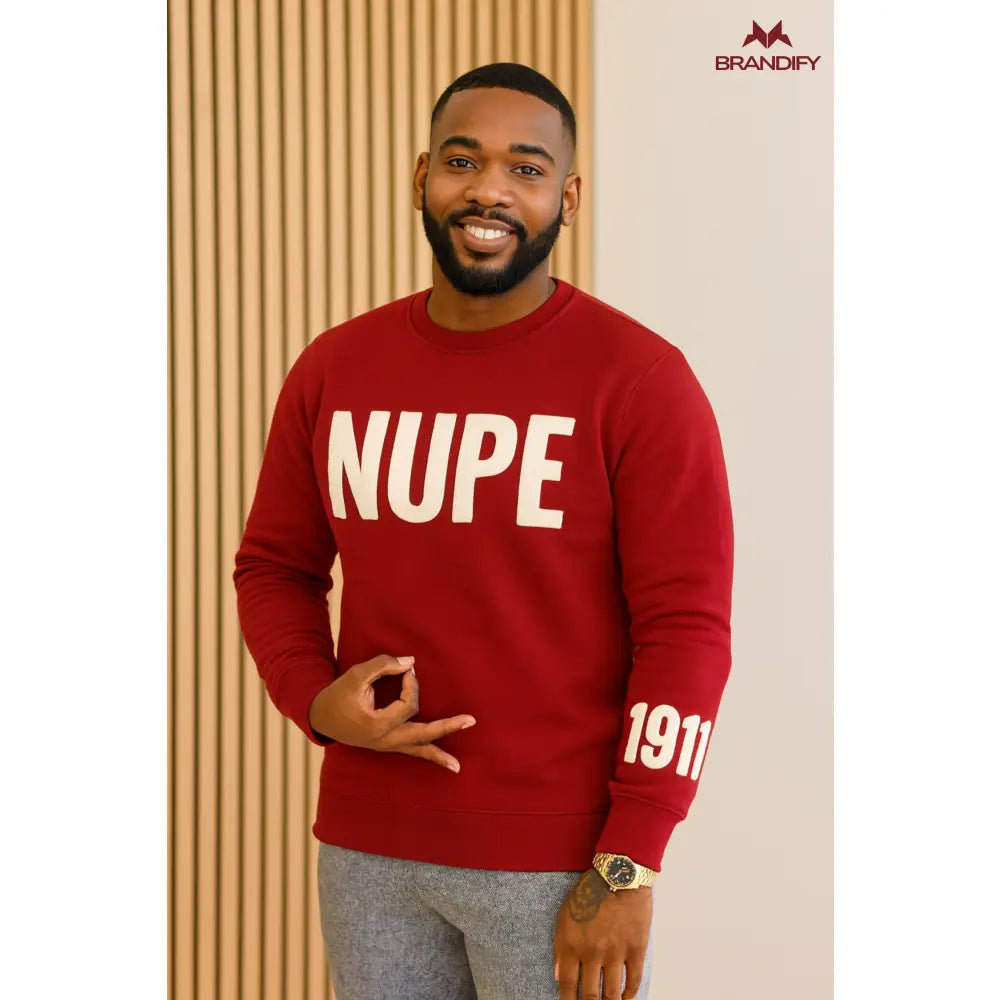 Custom Sleeve Design Omega Psi Phi Chenille Sweatshirt front view with raised chenille Greek lettering
