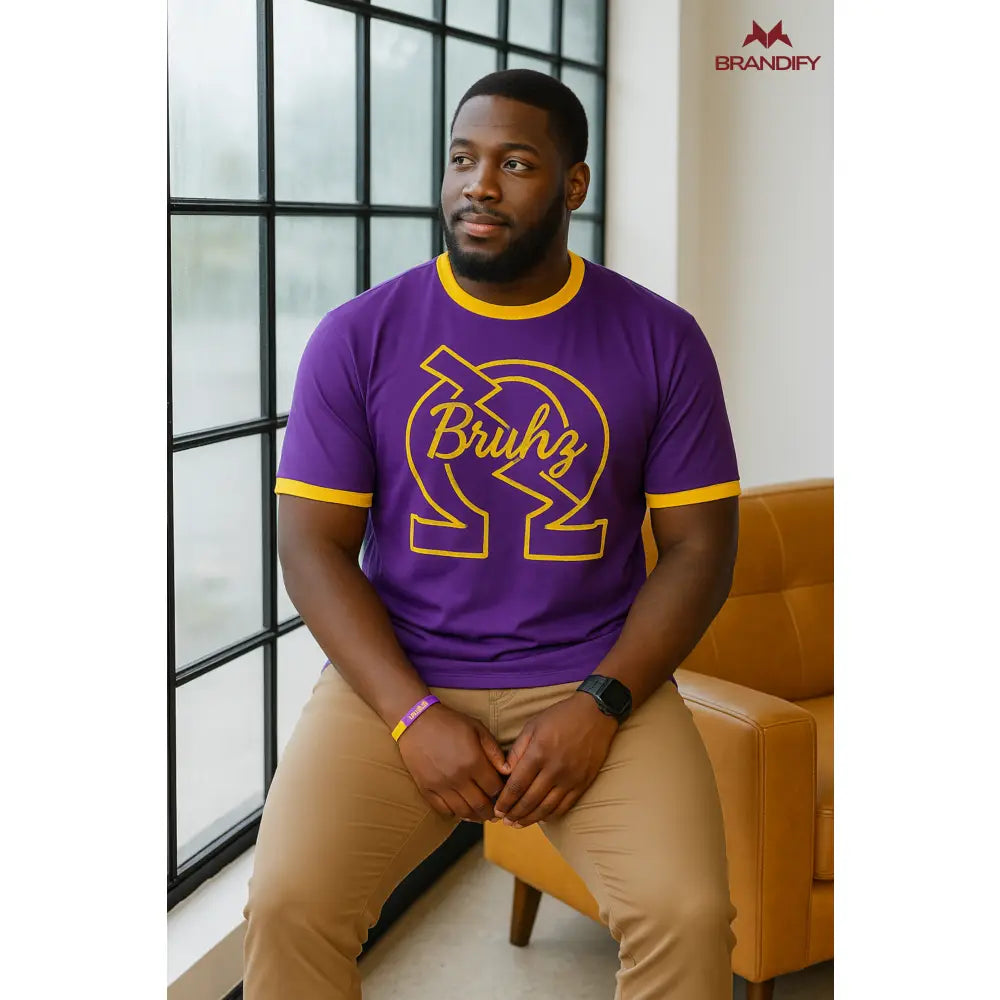 Custom Omega Psi Phi Fraternity Apparel Style 2 front view with personalized purple and gold design