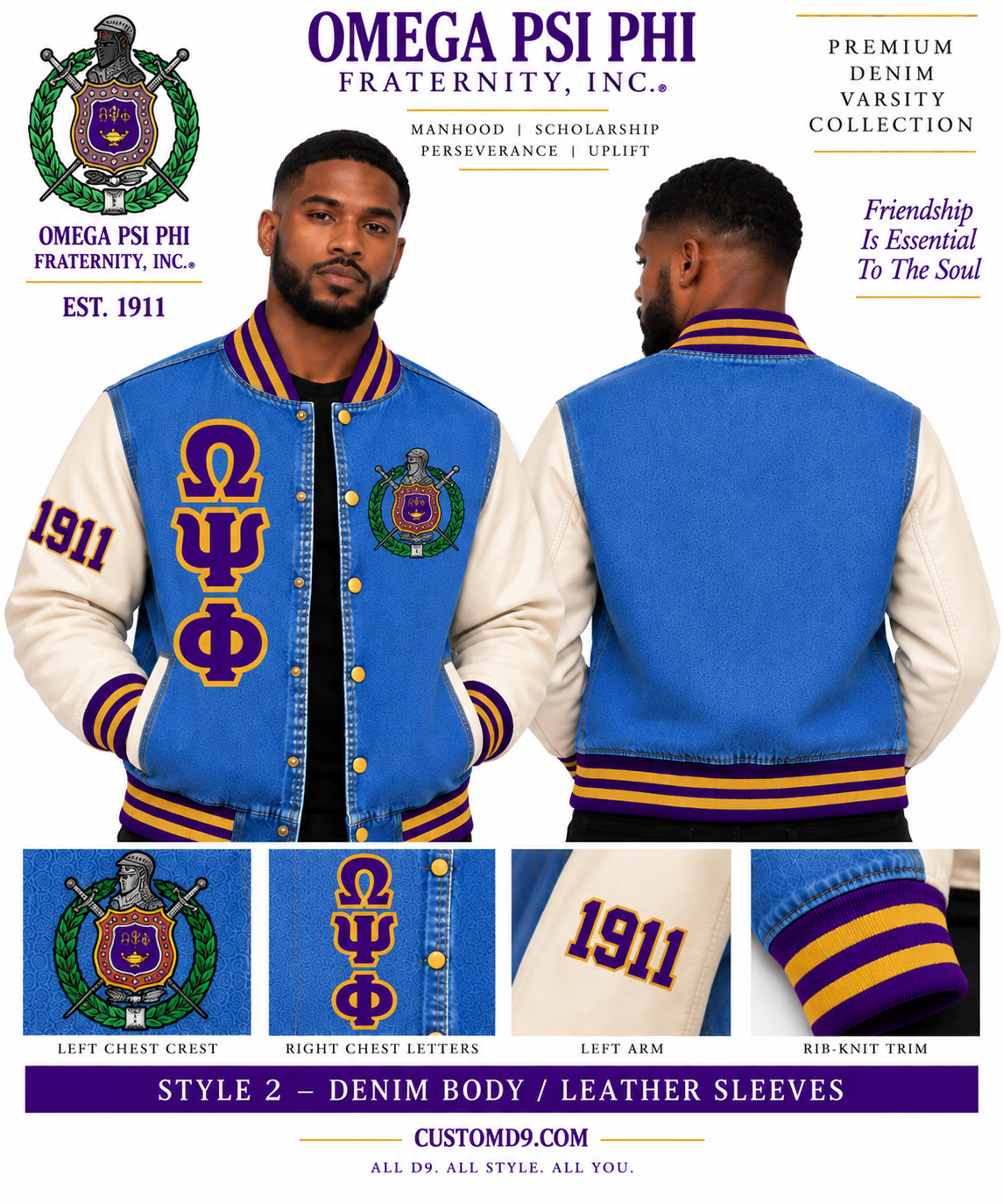 Omega Psi Phi denim varsity jacket with cream leather sleeves and embroidered Greek details