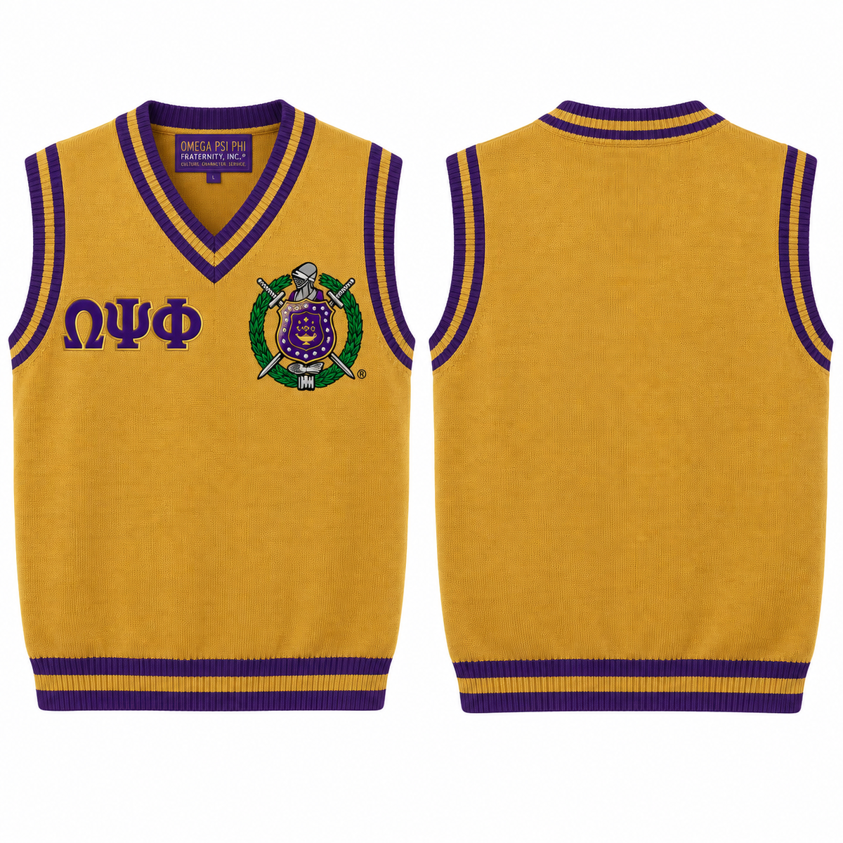 Omega Psi Phi old gold and purple varsity sweater vest with crest and Greek letters, front and back views