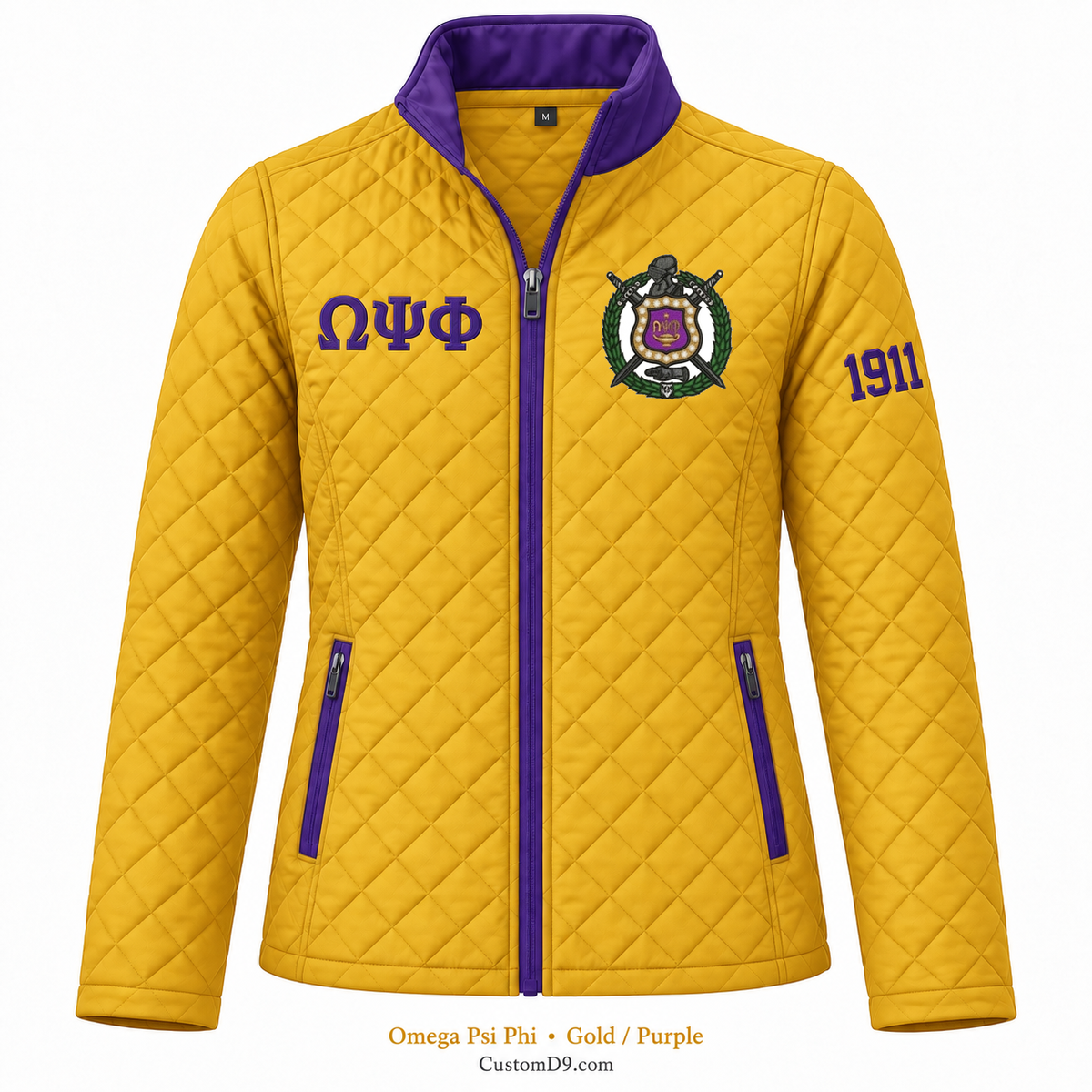 Omega Psi Phi gold and purple quilted jacket with crest, Greek letters, and 1911 sleeve embroidery