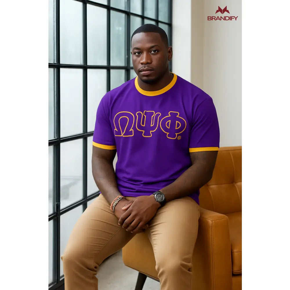 Custom Omega Psi Phi Fraternity Apparel front view with personalized purple and gold design