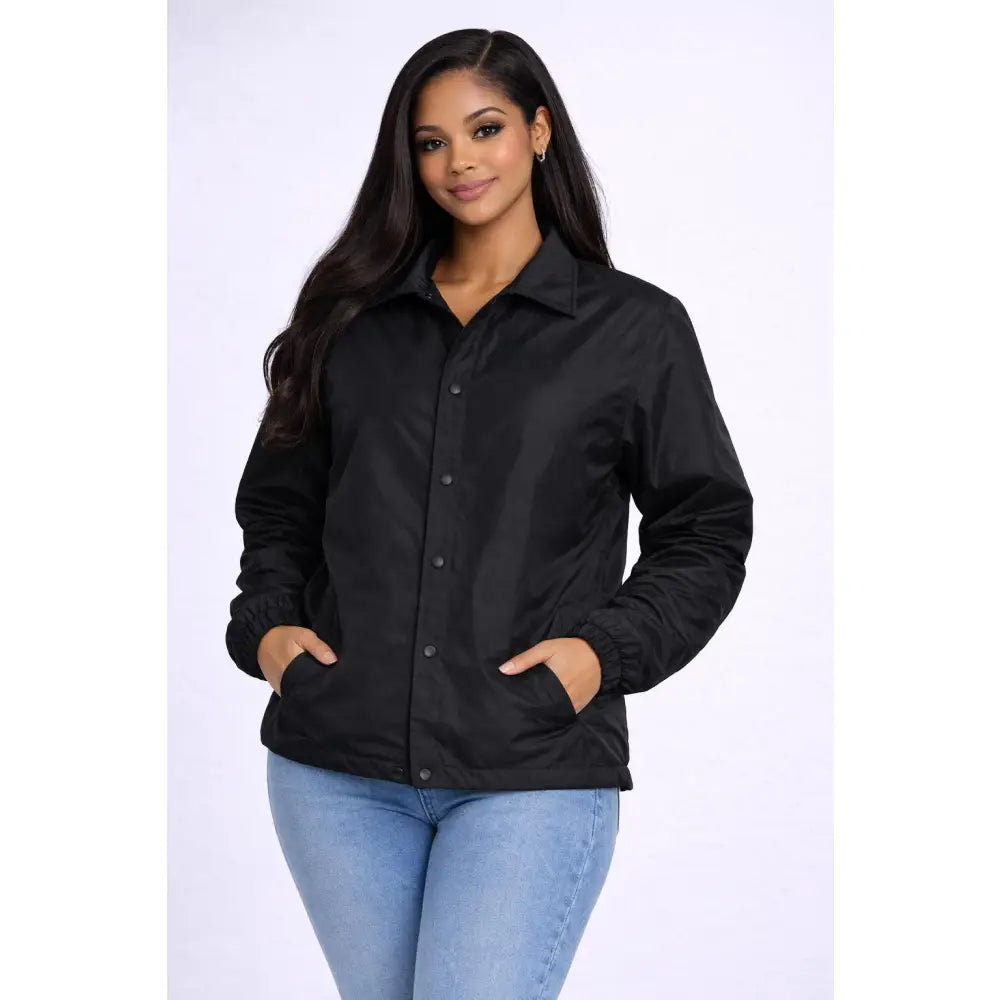 Black / Red Sigma Gamma Rho Coach Line Jacket with personalized front, back, and sleeve embroidery
