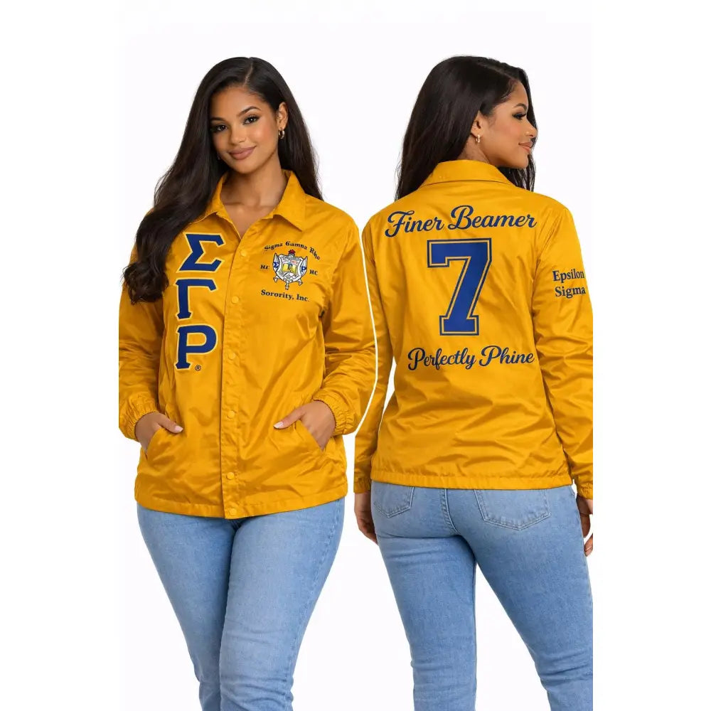 Gold / Red Sigma Gamma Rho Coach Line Jacket with personalized front, back, and sleeve embroidery
